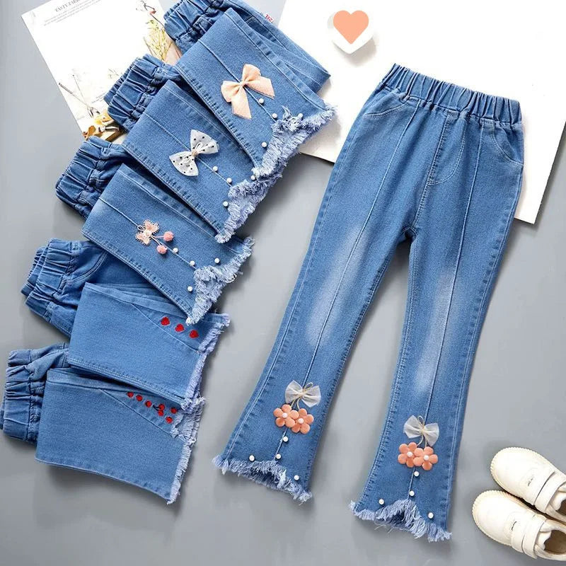 3-12 Year Old Girls' Jeans 2024 New Children's Fashion Lace Long Pants Sweet Korean Bow Flare Pants Loose Casual Pants