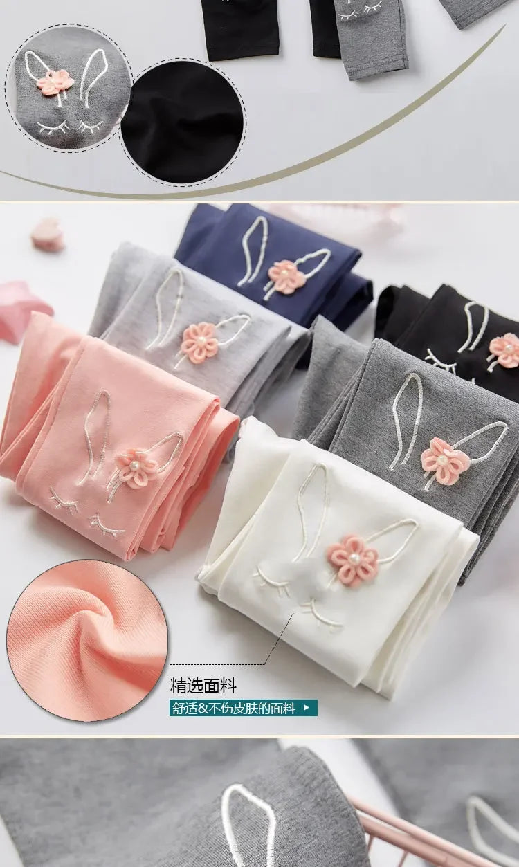 Bunny Embroidered Floral Leggings for Girls (2-7 Years) - Soft Stretchy Kids' Pants Cute Comfortable LeggingsToddlers & Children