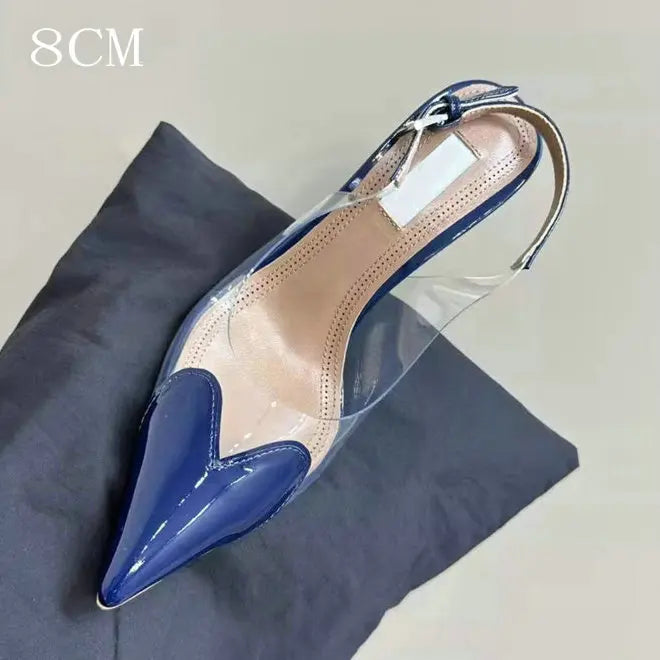 2025 New Pointy Peach Heart Fine Heel Shoes Sexy Pvc Transparent Film Black Patent Leather High Heel Overhead Sandals