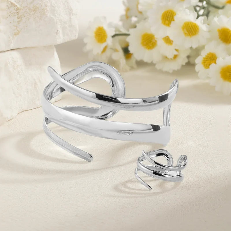 Stainless Steel Water Drop Bangle Ring Set for Women Luxury Geometric Teardrop Open WristCuff Irregular Twisted Bracelet Jewelry