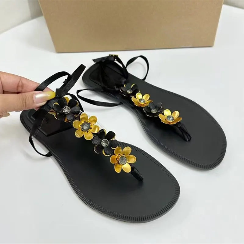 Luxury Crystal Flowers Decor Women Flats Sandals Sexy Ankle Strap Summer Beach Slides Fashion Streetwear Modern Sandals Shoes