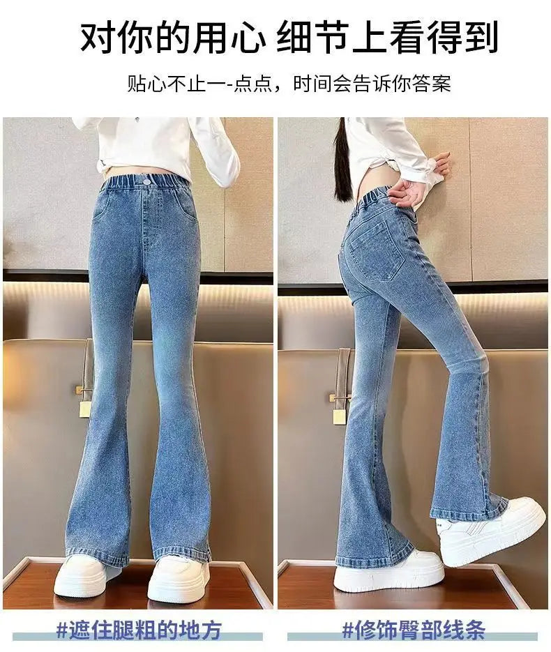 Kids Classic Vintage Blue Flared Jeans for Teens Girl Fashion Bootcut Denim Pants Tweens Child Casual Boot Cut Jeans Trousers
