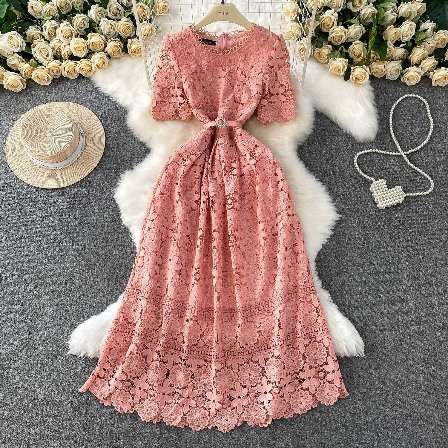 Brand Design Summer Embroidery Lace Long Dress Women Hollow Out Short Sleeve Midi Dresses Lady Belt Prom Evening Party Vestidos