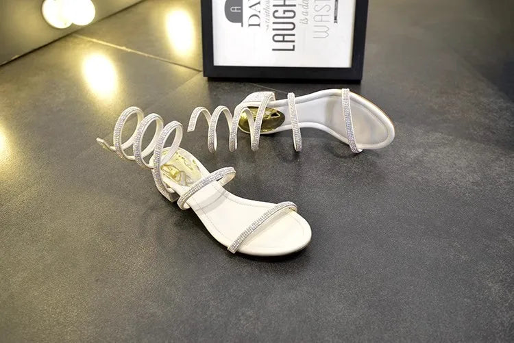 Summer Fashio 4CM Thick Heel Gladiator Sandals Women Flat Sandals Snake Punk Rhinestone Women Sandals Wedding Shoes