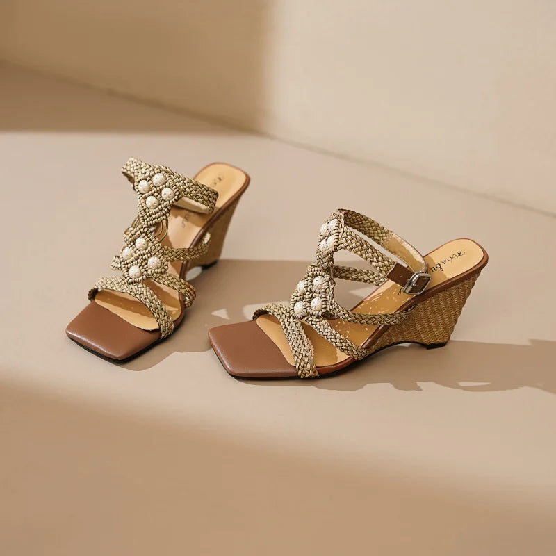 Drestrive 2025 New Arrival Fashion Women's Sandals Square Toe Wedges Weave Buckle Thick High Heels Top Quality Summer Shoes