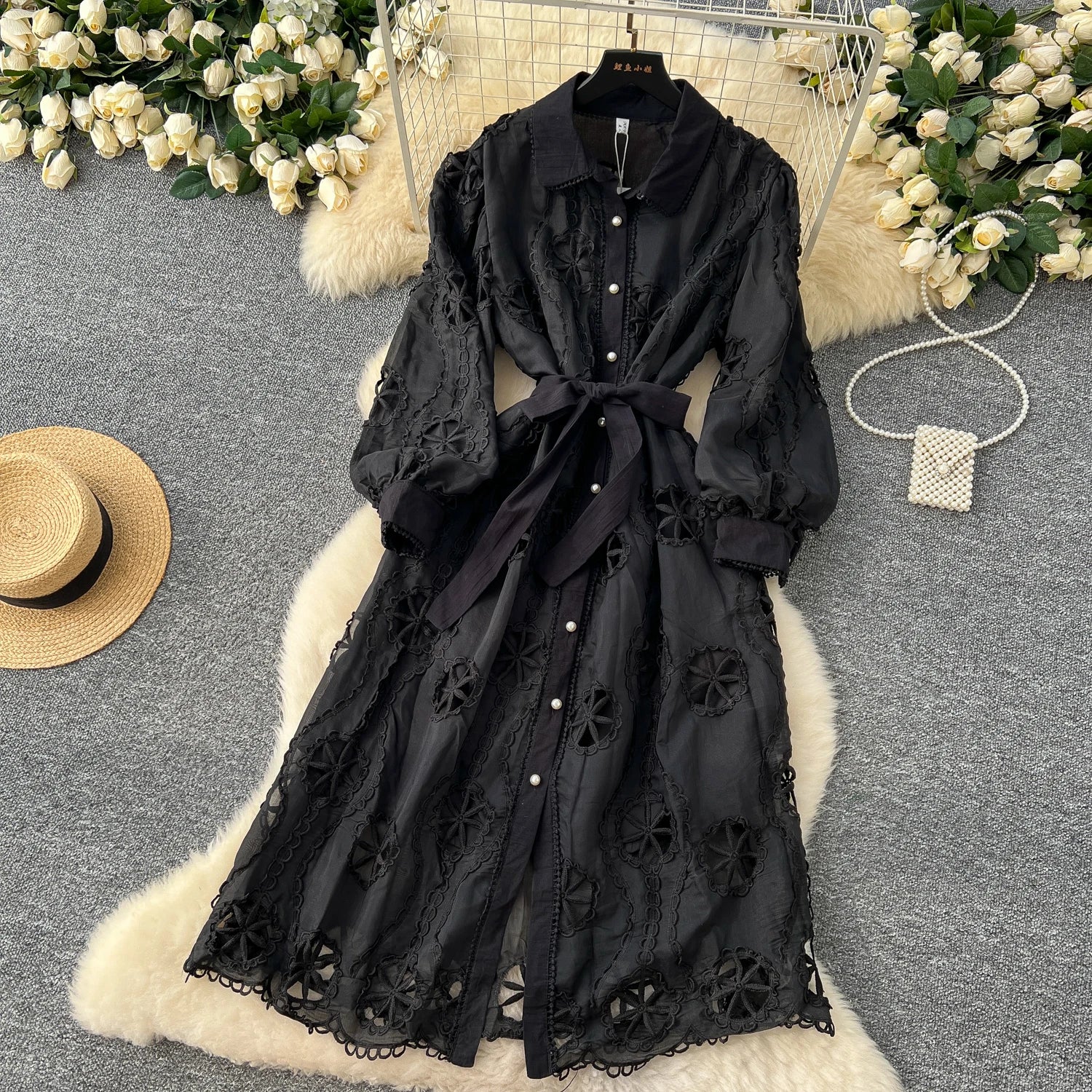 Elegant Embroidery Vintage Lantern Sleeves Lapel Single Breasted Chic Bandage Slim Long Dresses Women High Street Clothing