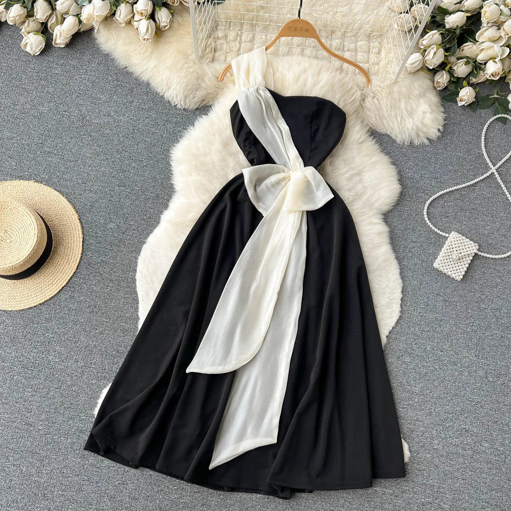Chic Elegant Sleeveless Strapless Dress Beach Vacation Party Diagonal Collar Single Shoulder Dress Women Summer A-line Vestidos