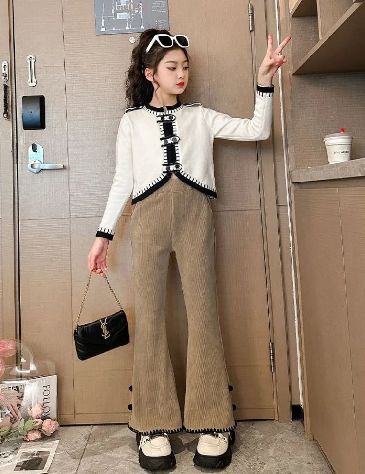 Girl's Autumn Winter New Mid-Weight Flared Jeans with Integrated Fleece-Lining, Stylish Casual Pants for Tween Girls