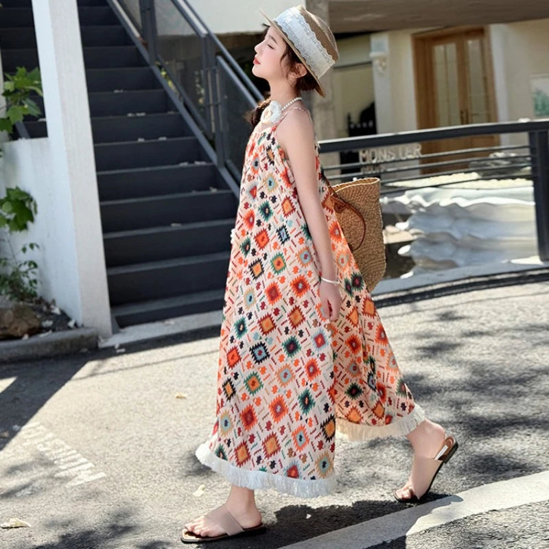 Girls' Summer Dress 2025 New Design for Children, Girls' Beach Bohemian Princess Dress for Older Kids.