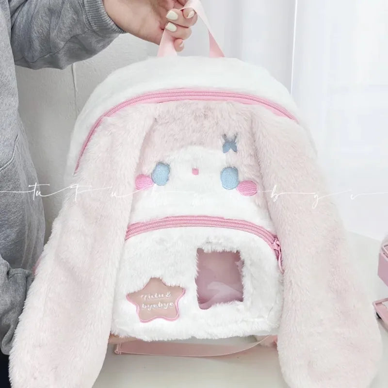 Kawaii Rabbit Ears Double Shoulder Bag Large Capacity Travel Backpack For Girls Cute Cartoon Rabbit Design Ideal Festival Gift