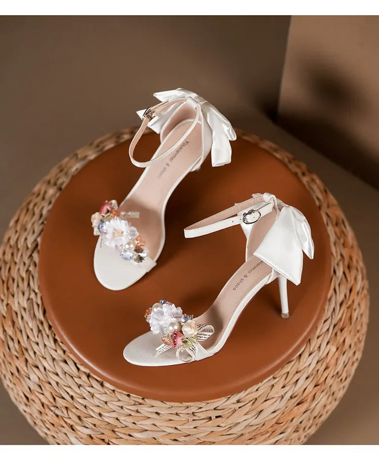 Summer Fashion Shoes Woman Pumps Open Toe Satin Flower Bow Buckle High Heels Ladies Sandals Women's Dress Wedding Party Shoes