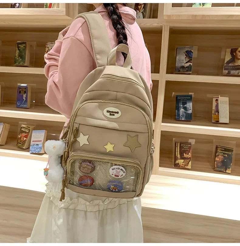 Casual Transparent Badge Large Capacity Commuter Backpack Suitable for Middle School Students Cute School Style Double Shoulder