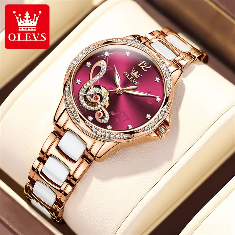 OLEVS Ceramic Diamond Women Watches Luxury Brand Musical Note Automatic Mechanical Watch Women Relogio Feminino Gift