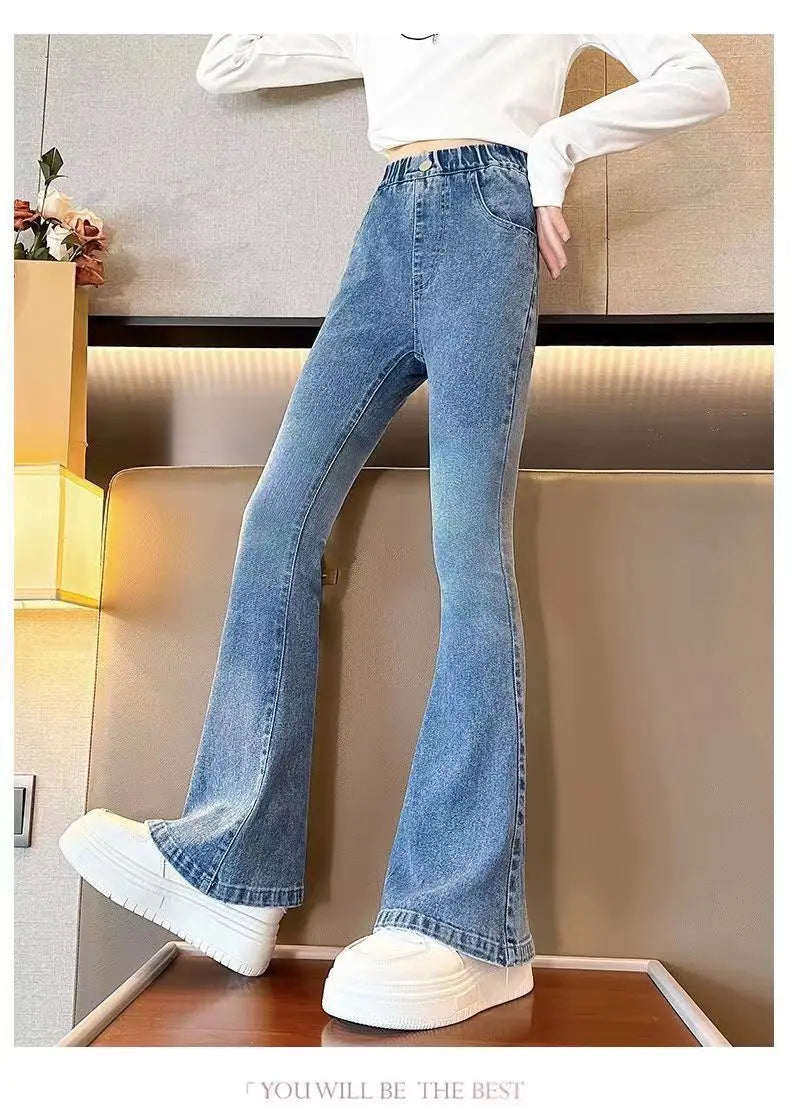 Kids Classic Vintage Blue Flared Jeans for Teens Girl Fashion Bootcut Denim Pants Tweens Child Casual Boot Cut Jeans Trousers