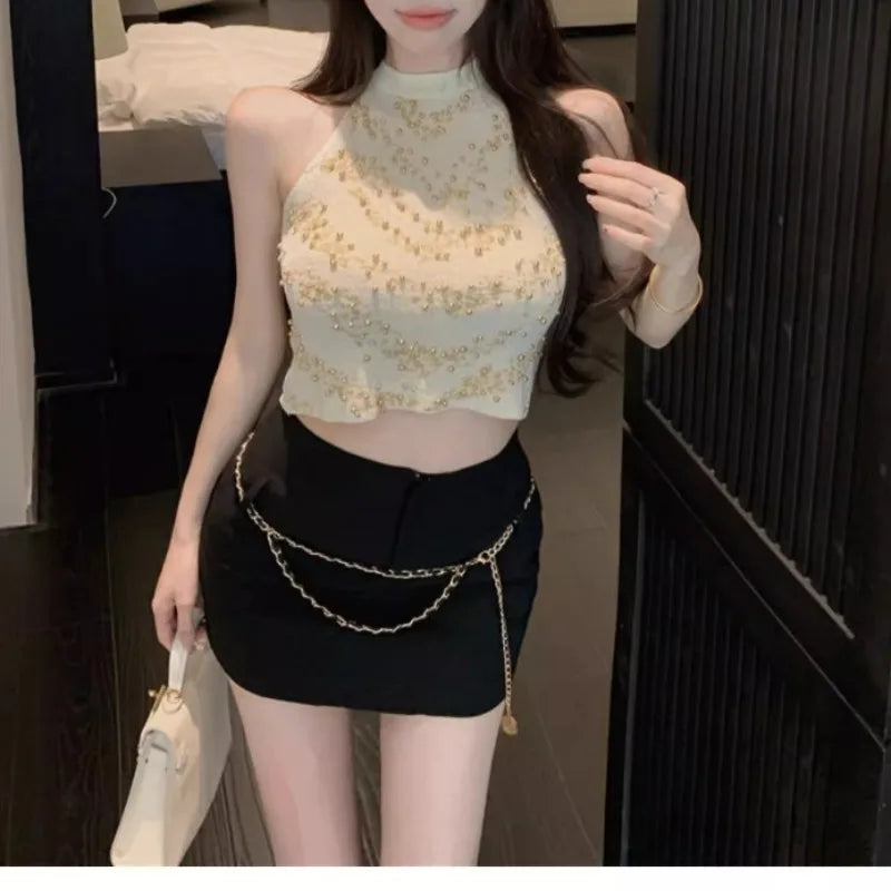 Hanging Neck Bead Suspended Tank Top Women's 2024 Summer Spicy Girl Sexy Fashion Sleeveless Casual Elegant Off the Shoulder Tops