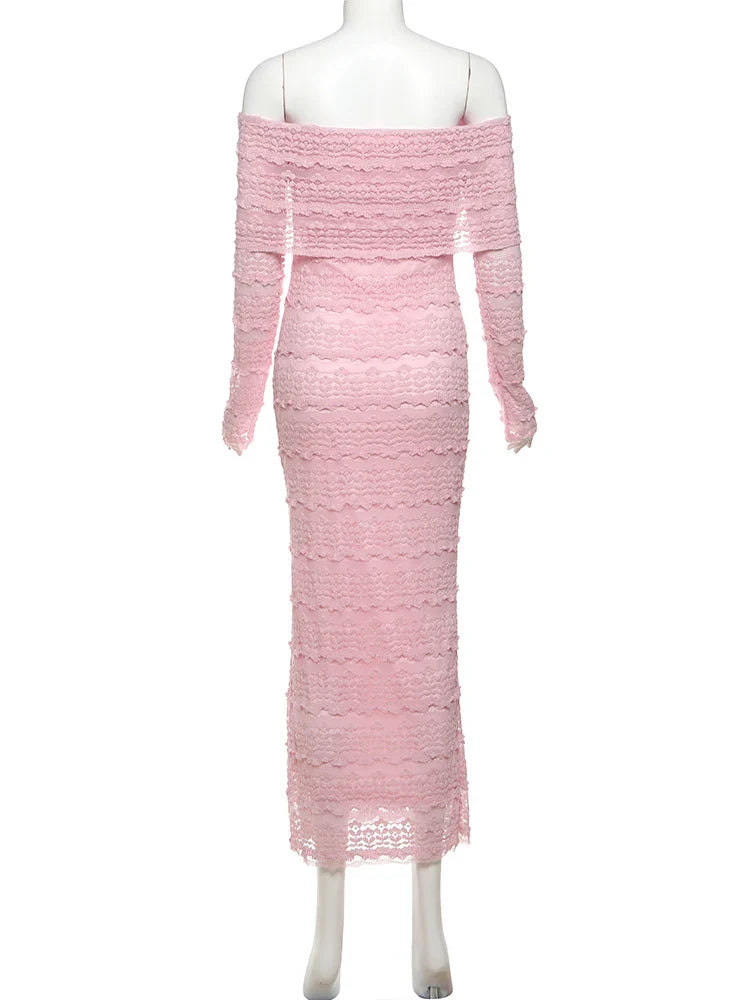 Cutenew Slash Neck Dress Women Sexy See Through Lapel Backless Full Sleeve Vacation Beach Party Elegant Skinny Maxi Vestidos