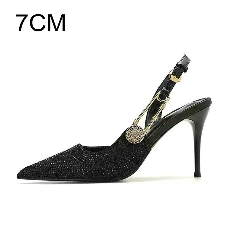 2025 Pointed-Toe Diamond High Heels For Women, Black Tight French Sexy Luxury Hollow Sandals