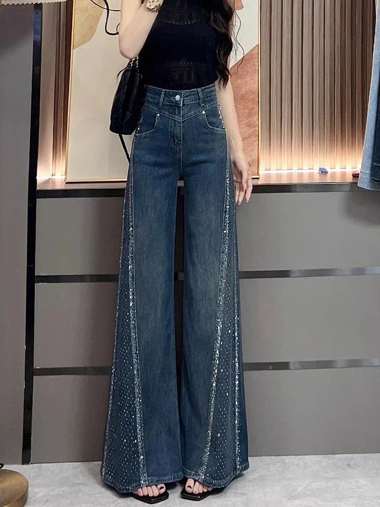Hot Diamond Jeans For Women Fashion Hot Girls High Waisted Loose Flared Pants Autumn Retro Casual Commuting Wide Leg Trousers