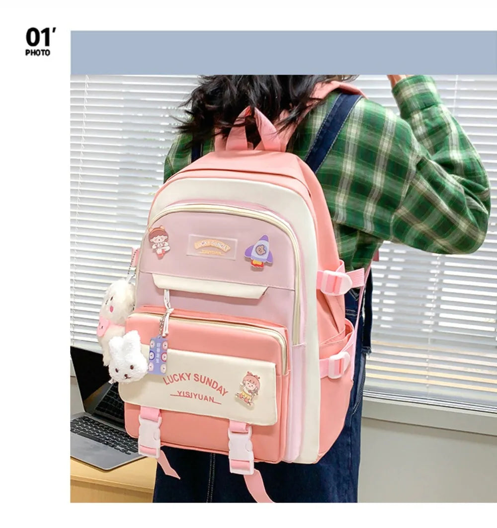 5 Pcs Cute Large Capacity Backpack Set Multifunctional Breathable Student Schoolbag Buckle Coin Purse School