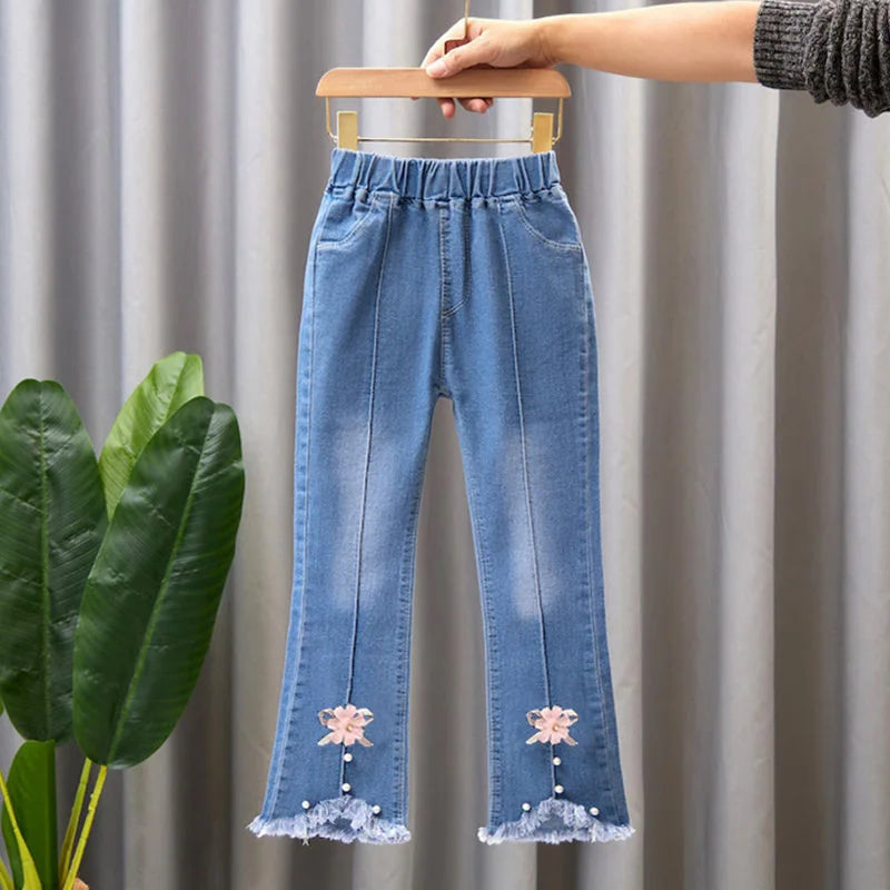 Girls Blue Jeans for Children's Fashion Clothing Princess Kids Denim Wide-leg Pants Baby Teens Girl Flared Bow Applique Trousers