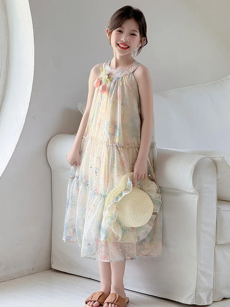 Princ Sle Floral Print Summer Dr for Girls Children's Clothing Big Kids Beach Vaion Skirt Breathable Soft Fabric