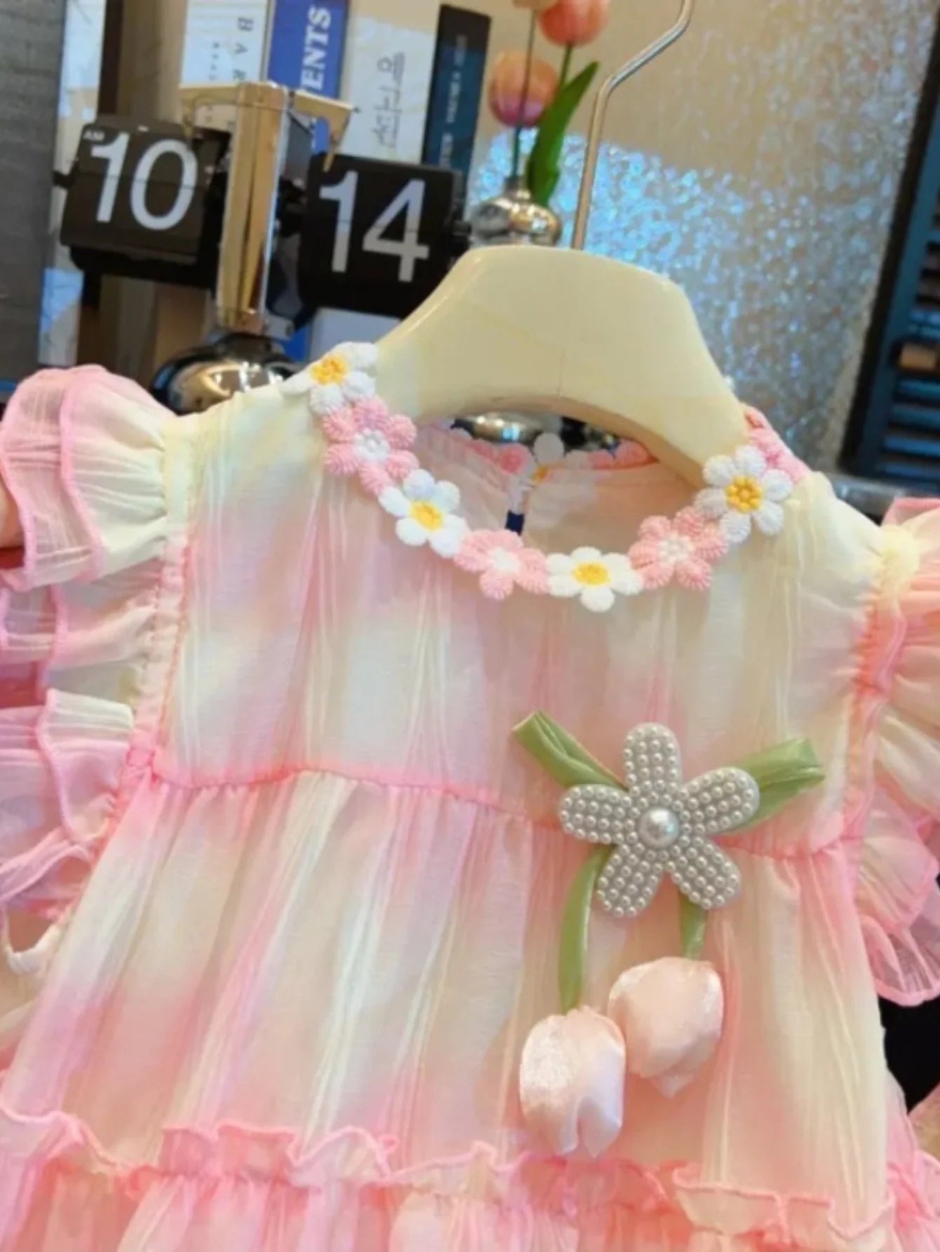 Girls’ Lightweight Summer Dress with Matching Sun Hat – Ombre-Print Chiffon-Look Outfit with Detachable Floral Accent