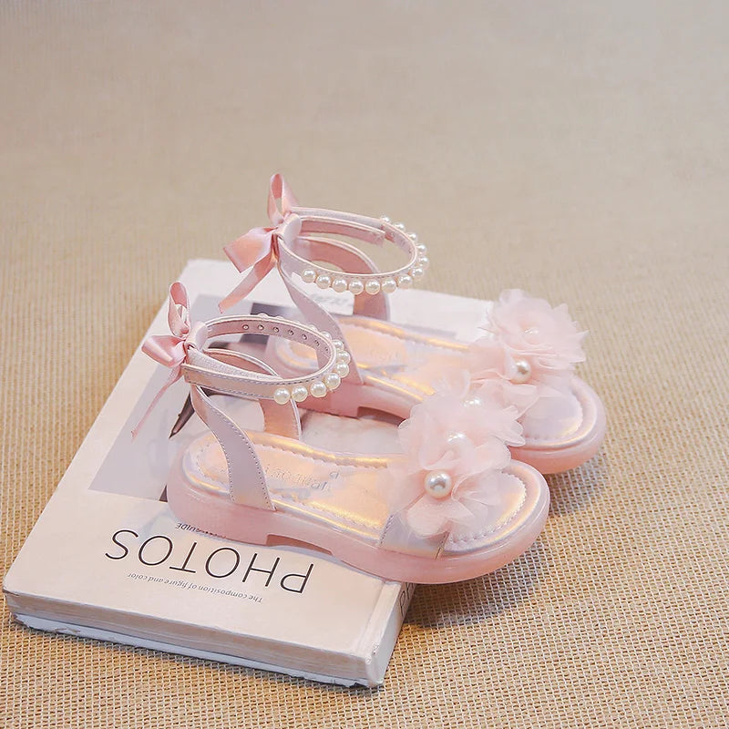 Girls Gladiator Sandals Lace Floral with Pearls Beading Bow-knot on The Back Fashion Princess 2024 Summer New Kids Beach Sandals