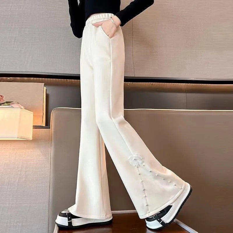 Kids Flare Pants with Bows For Girl Casual Style Children Bell Boot Cut Trousers Fashion Design Grey Black Color Sweatpants 5-14