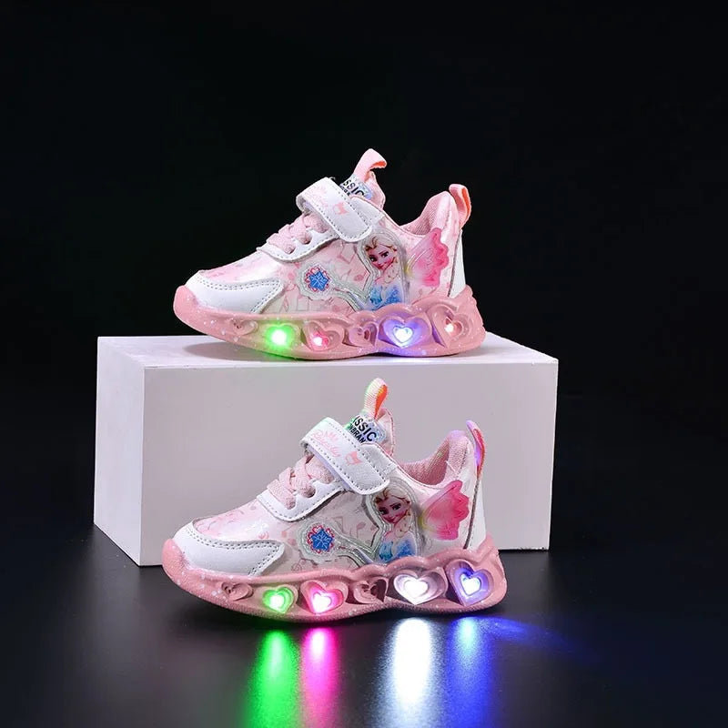 Kids Led Light Shoes Girls Disney Frozen Casual Sneakers Princess Elsa Children Toddler Breathable Sport Running Shoes
