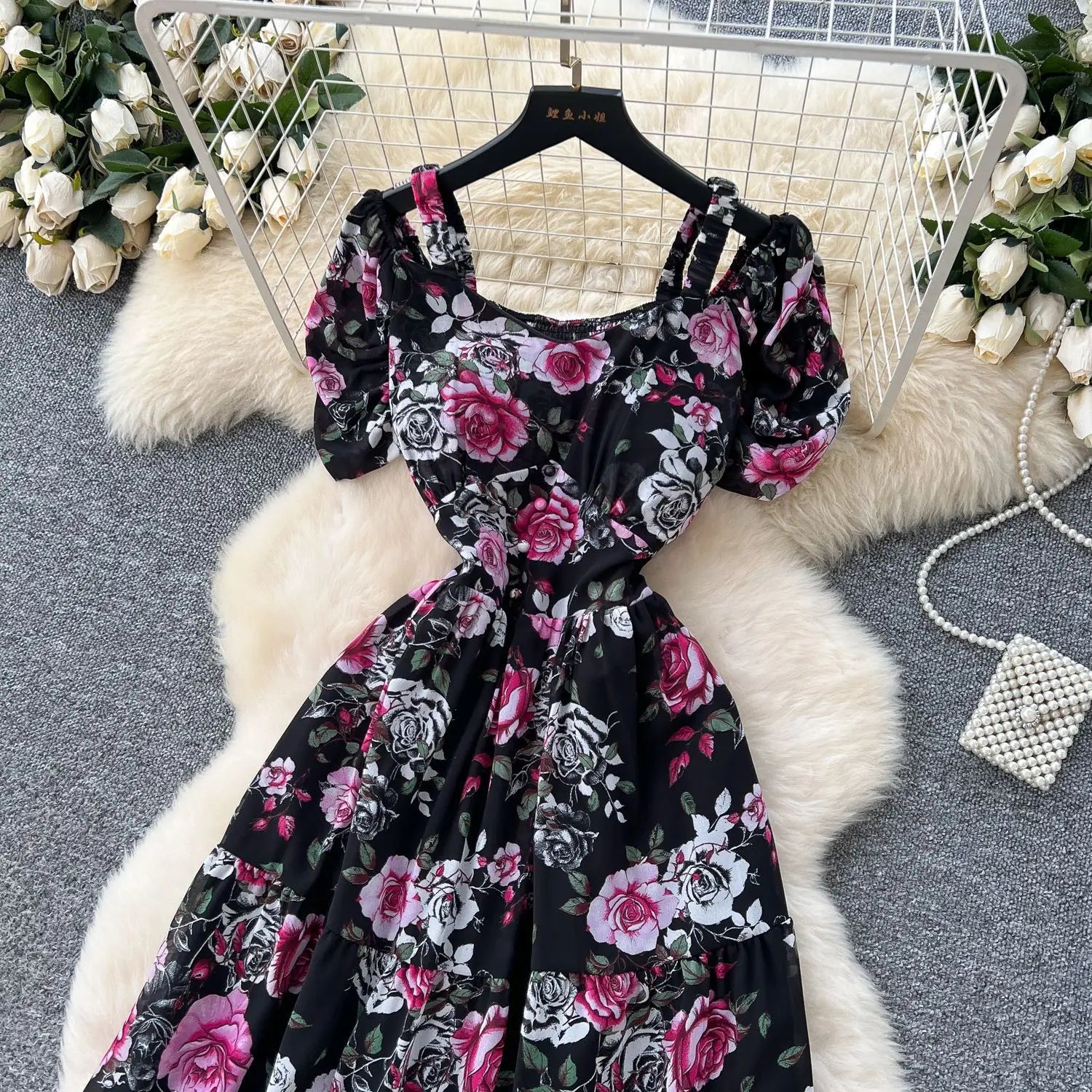 Summer 2025 French Style New Fashion Women's Elegant Trendy Printed Short Puff Sleeve Ankle Length Slim Dresses Female Clothes