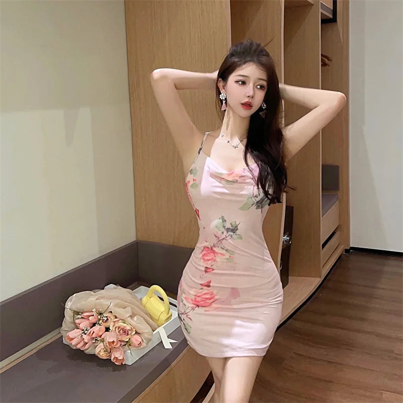 Summer Pink Floral Chic Sling Sexy Club Mini Dress Women Elegant Bodycon Hip Wrap Dress 2025 Korean Fashion Luxury Party Dresses