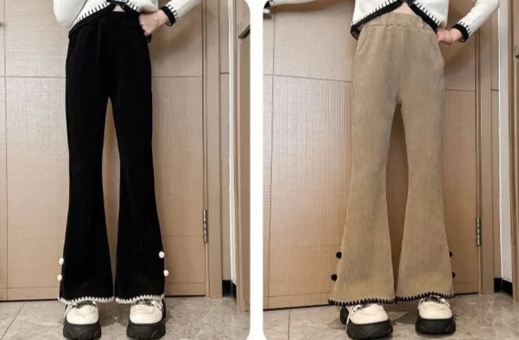 Girl's Autumn Winter New Mid-Weight Flared Jeans with Integrated Fleece-Lining, Stylish Casual Pants for Tween Girls