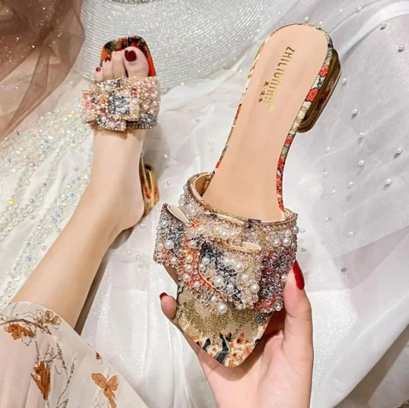 Chunky Heel Fashion Flat Ladies Rhinestone Slippers Women's Shoes Comfort Summer Peep Toe Woman Shoes Zapatos Mujer