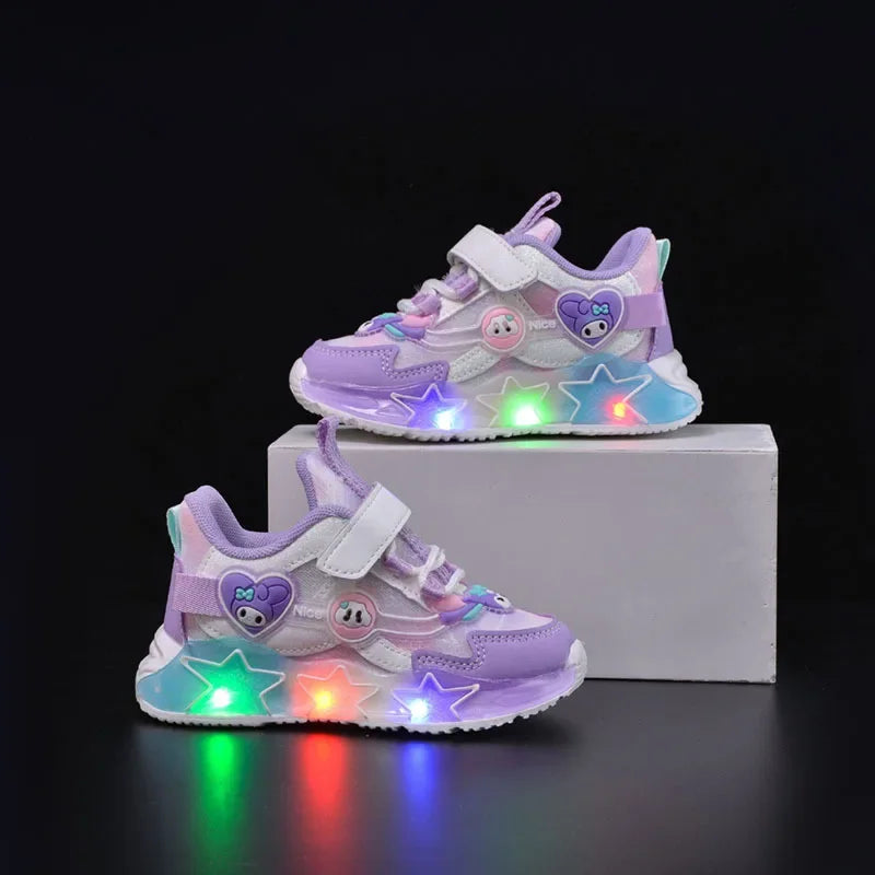 Sanrio Kuromi My Melody Childrens Led Light Sneakers Kawaii Cartoon Fashion Girls Casual Shoes Kids Antislip Sports Running Shoe