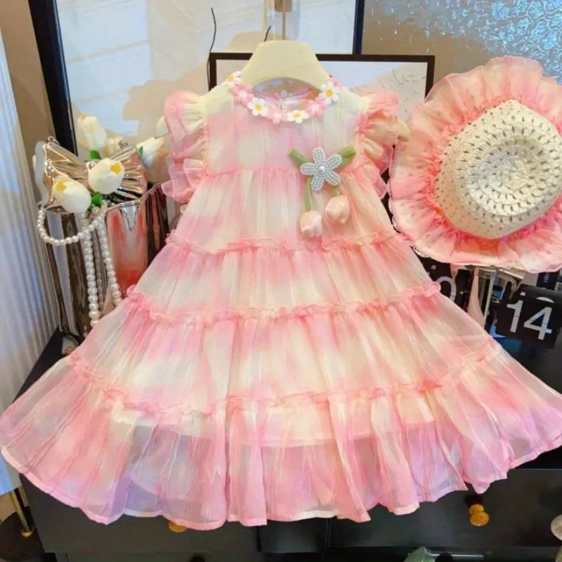 Girls’ Lightweight Summer Dress with Matching Sun Hat – Ombre-Print Chiffon-Look Outfit with Detachable Floral Accent