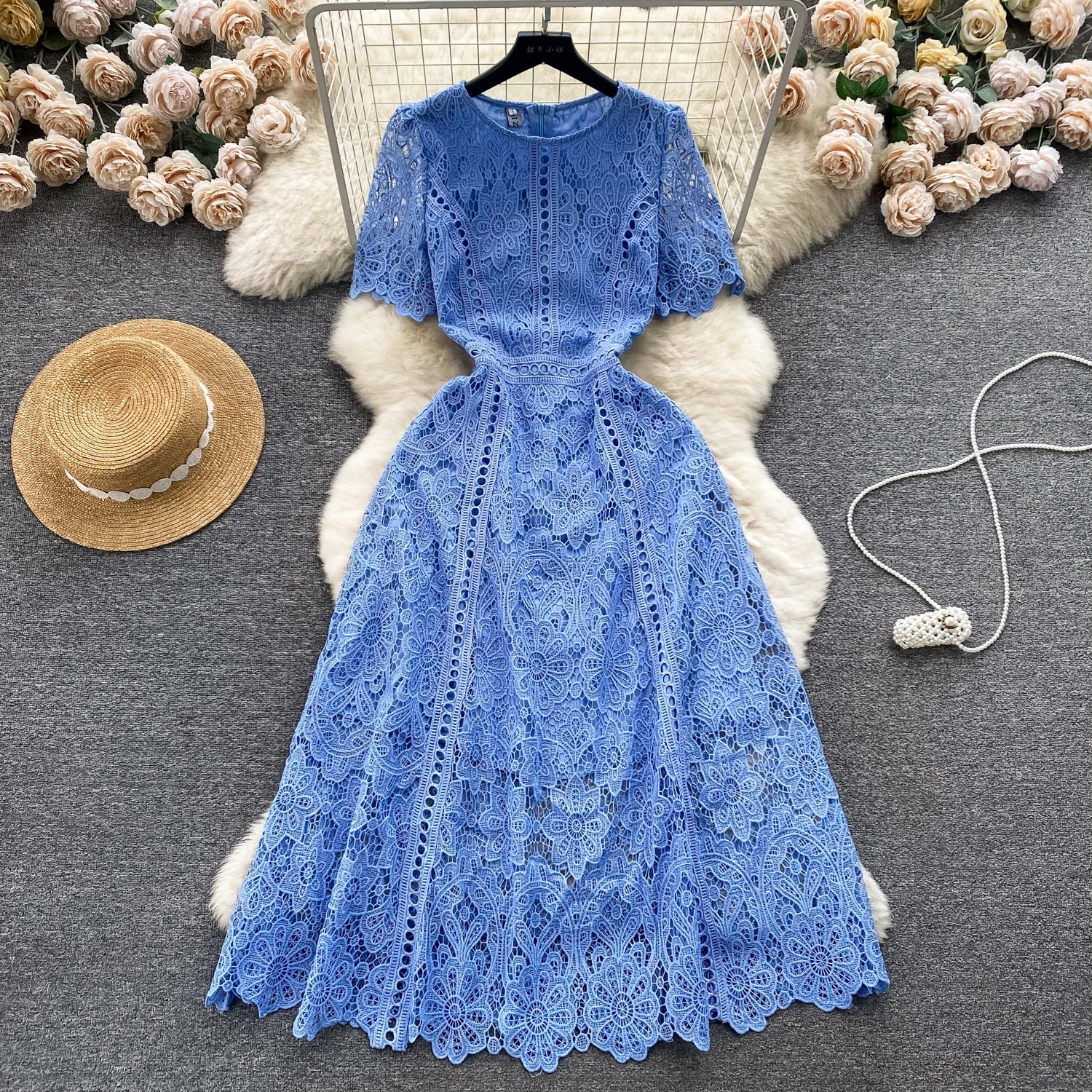Embroidery Crochet Hollow Out Lace Dress For Women Summer Fashion Runway Short Sleeve Slim Waist Casual Party Midi Vestidos 6931
