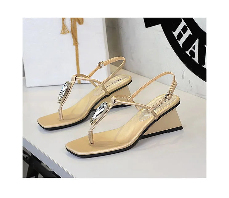 Wedge Heel with Herringbone Sandals Women's Rhinestone Thin Strap Toe Women's High Heels