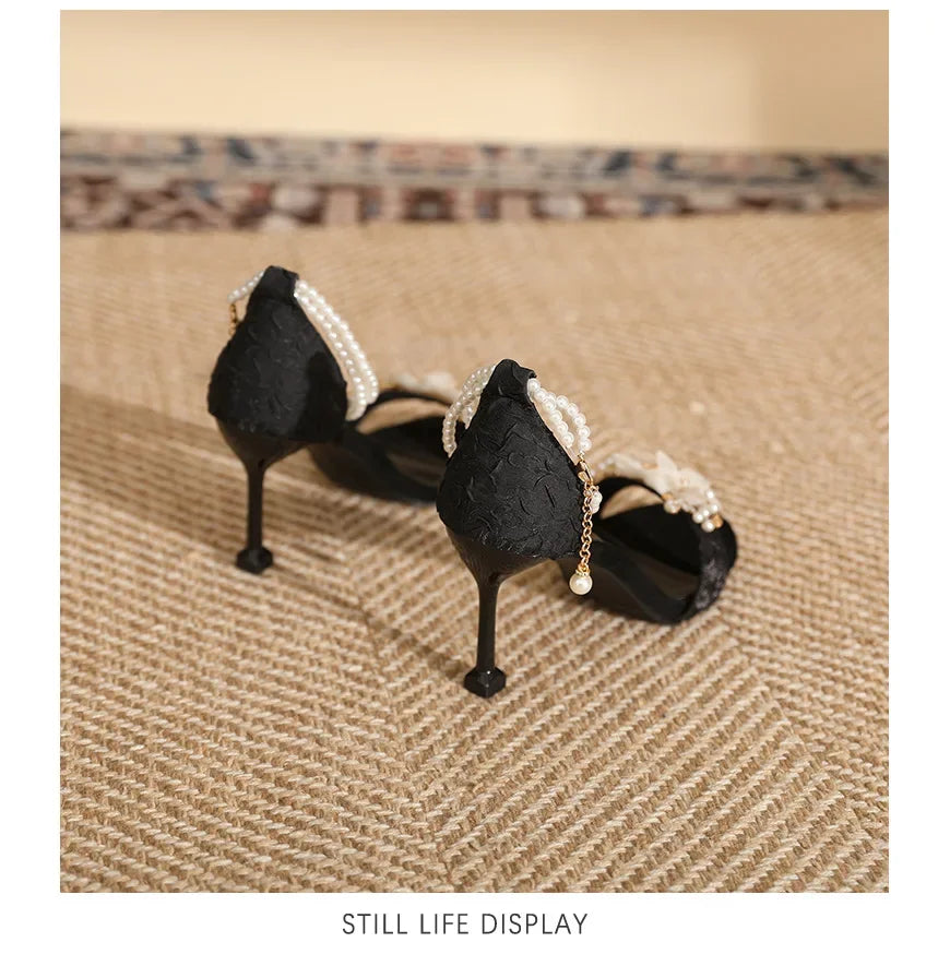 Small Size 31 -43 Women Peep Toe Sandals Wedding Heels Wide Fat Feet Shoes for Women Pearl Flower Bridal Shoes Zaptos Mujer