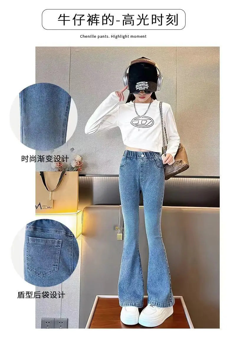 Kids Classic Vintage Blue Flared Jeans for Teens Girl Fashion Bootcut Denim Pants Tweens Child Casual Boot Cut Jeans Trousers