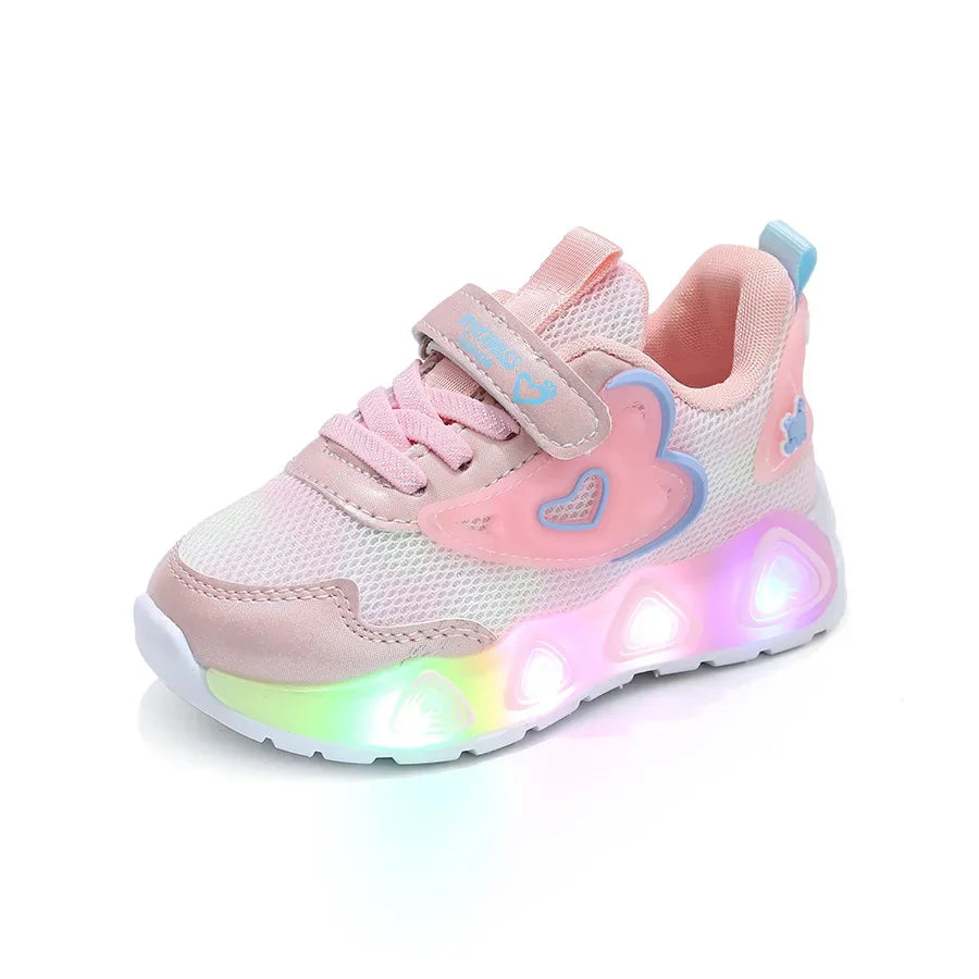 Tenis Girls' Shoe 2025 Summer New Kid Sneakers LED Luminous Shoes Sweet Heart-shaped Girl Sneaker Soft Sole Anti Slip Kid Shoes