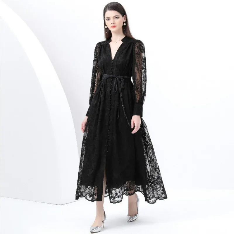 Luxury High-end Women Clothing Dress Spring Fitted Waist Embroidery V-neck Bell Sleeves Long Sleeves Single-breasted Long Dress