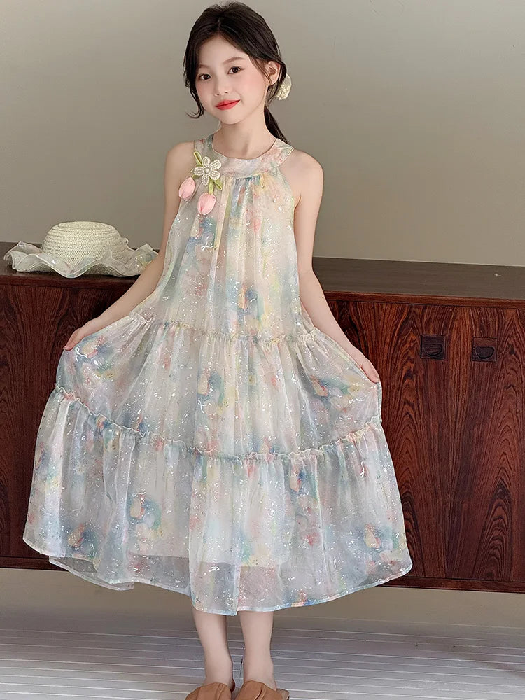 Princ Sle Floral Print Summer Dr for Girls Children's Clothing Big Kids Beach Vaion Skirt Breathable Soft Fabric