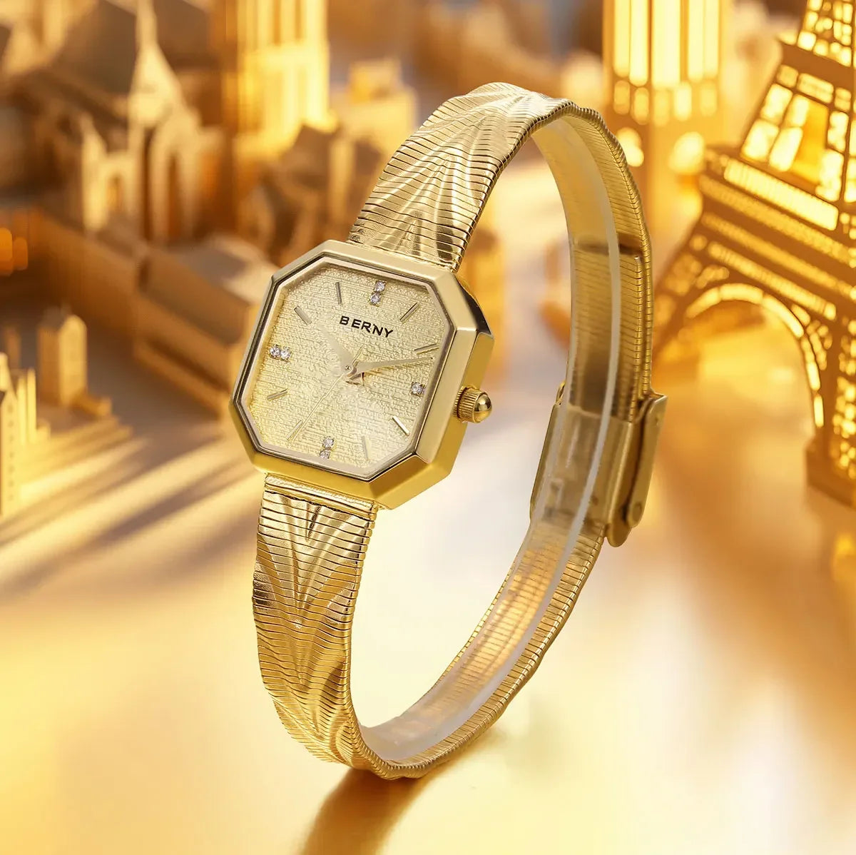 BERNY Gold Watch for Women Grit Dial Octagonal Ladies Quartz Wristwatch Stainless Steel Women Small Golden Watch Luxury Watches