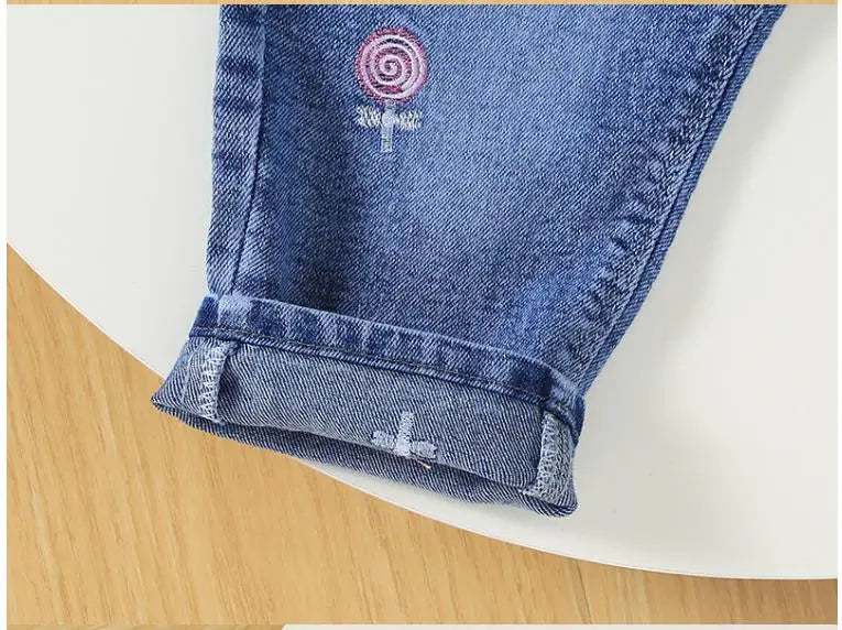 2025 Spring Autumn Korean version children's embroidery elastic soft simple men's and women's fashion denim pants 0-5Y