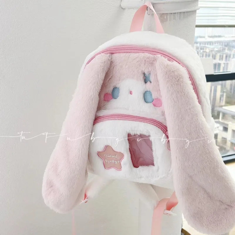 Kawaii Rabbit Ears Double Shoulder Bag Large Capacity Travel Backpack For Girls Cute Cartoon Rabbit Design Ideal Festival Gift