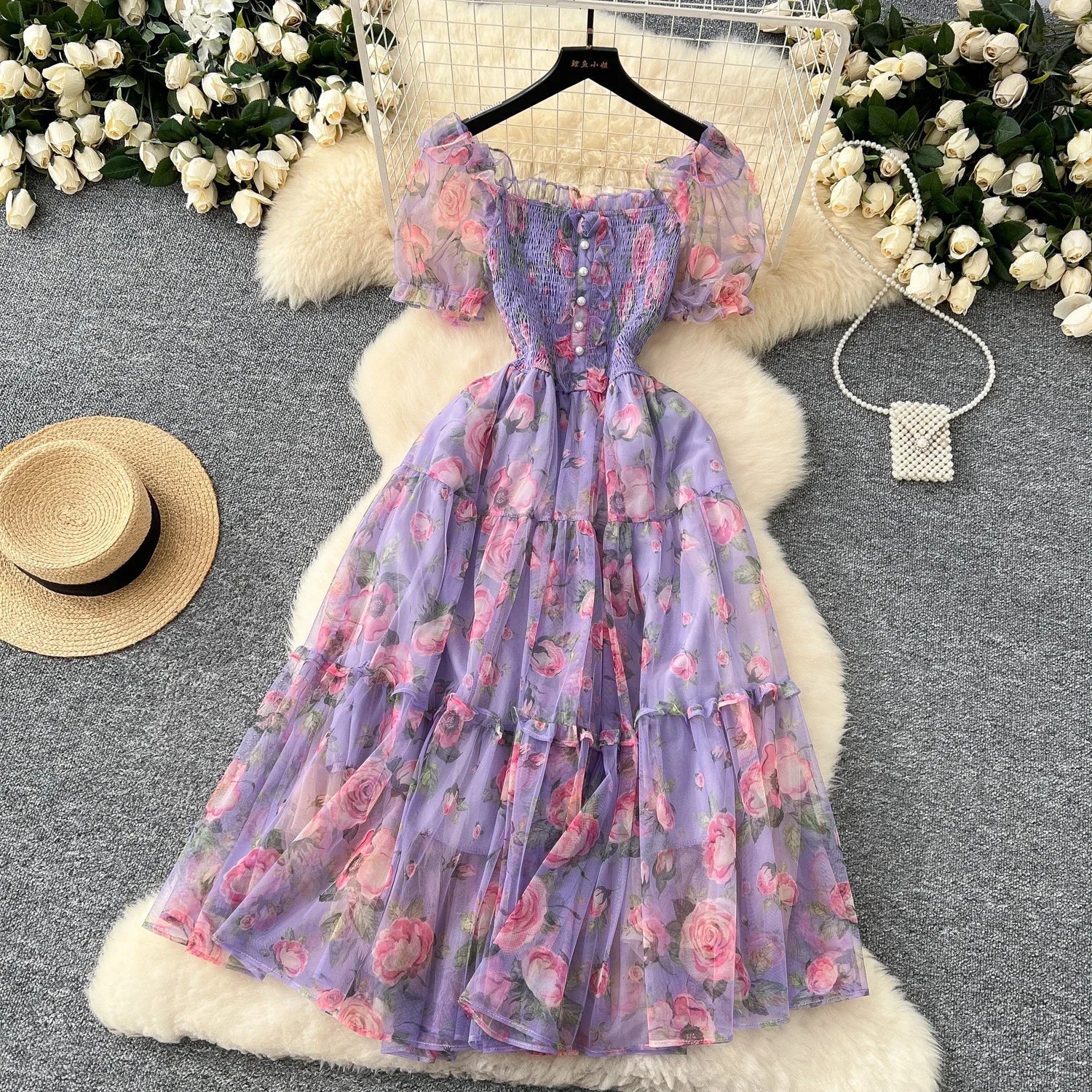 Retro Floral Chiffon Dr Women's Waist Cinched One oulder Bubble Sve Me Skirt Commute Korean Sle High Waist A-Line...