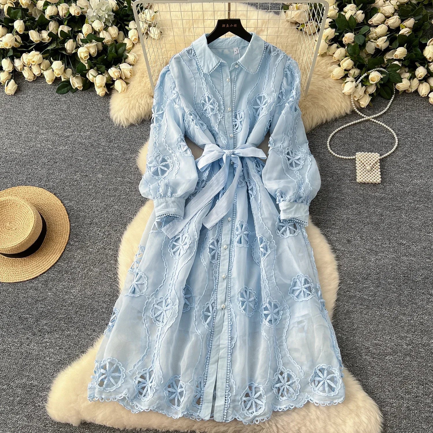Elegant Embroidery Vintage Lantern Sleeves Lapel Single Breasted Chic Bandage Slim Long Dresses Women High Street Clothing