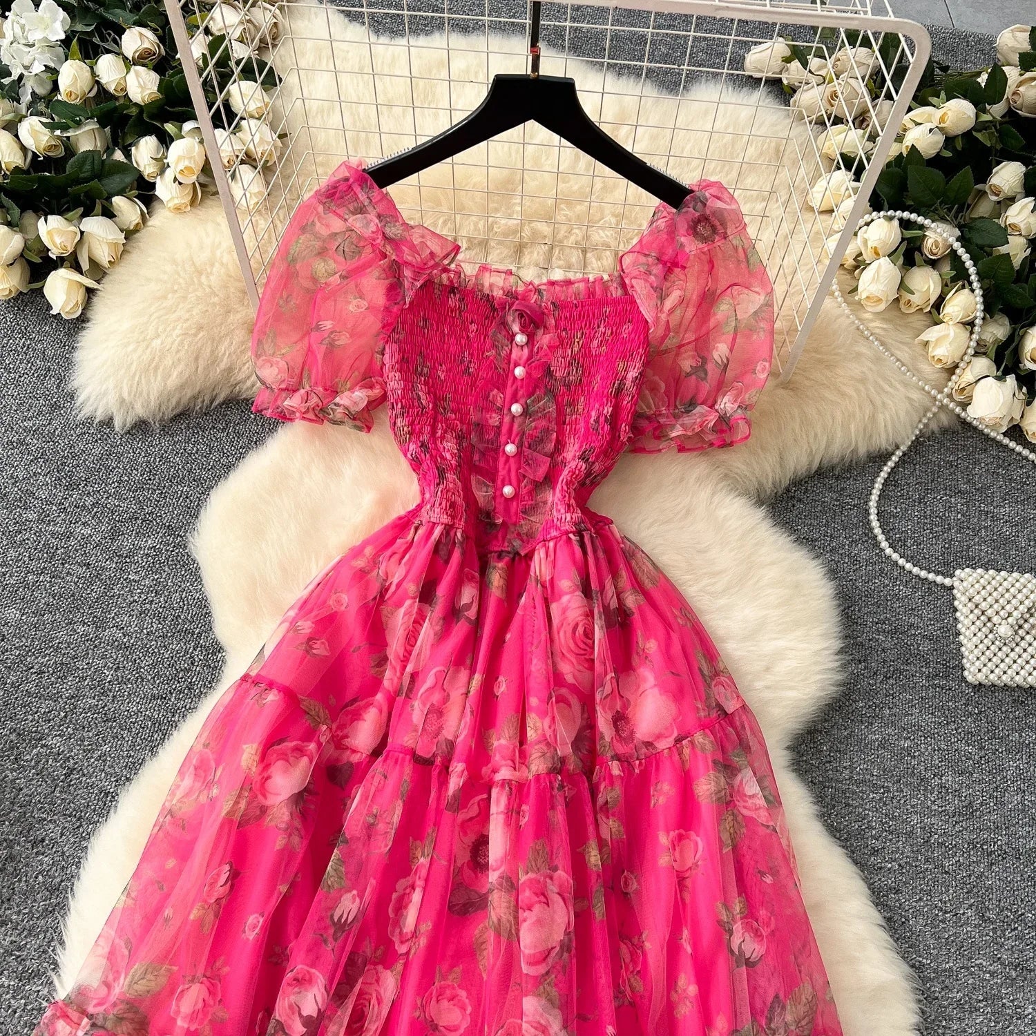Retro Floral Chiffon Dr Women's Waist Cinched One oulder Bubble Sve Me Skirt Commute Korean Sle High Waist A-Line...