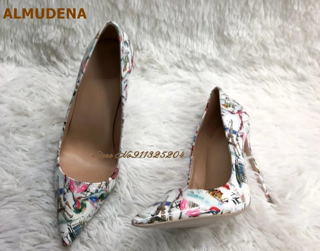 ALMUDENA White Patent Leather Eiffel Tower Red Lips Printed Wedding Shoes 12cm Sky High Heel Pointed Toe Slip-On Banquet Pumps