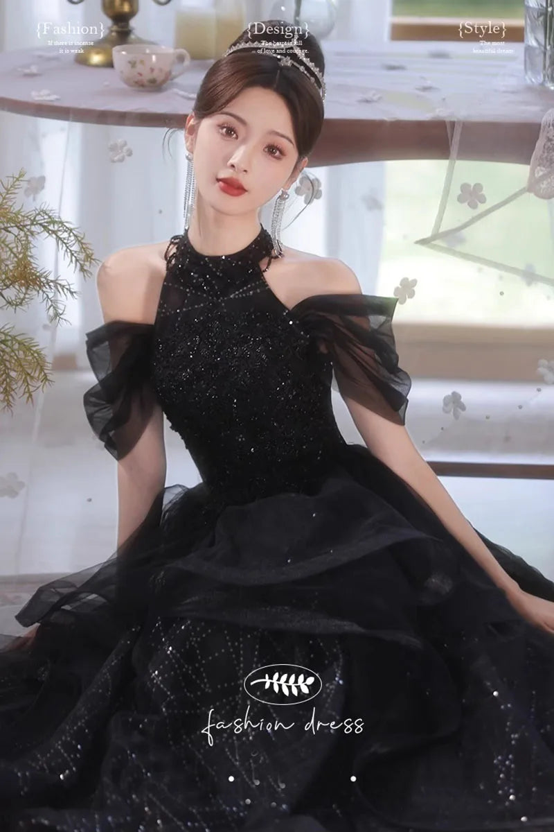 Evening Dresses Luxury 2026 Black Halter Evening Dress Corset Bodice Sequin Tulle Puffy Gown For Gala & Quinceanera